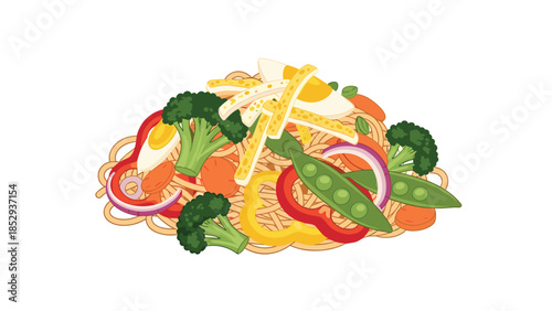 Delicious and colorful plate of vegetable noodles generously topped with sliced eggs, broccoli, bell peppers, snow peas, carrots, and red onions, creating a vibrant and healthy Asian-inspired meal.