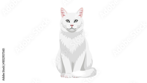 Elegant white cat with striking blue eyes, sitting gracefully with its body facing forward, capturing the serene and gentle nature of felines, isolated against a pure white background.