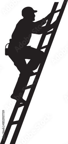 Construction Worker Climbing Ladder Silhouette Isolated on White Background