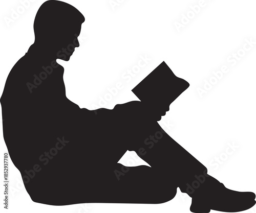 Silhouette of Young Man Reading a Book While Sitting on the Floor Isolated on White Background