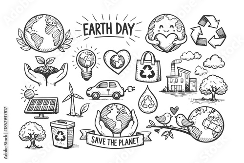 Earth Day and environment protection doodle icon set in black and white hand drawn vector style featuring recycling, nature, and sustainability symbols
