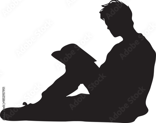 Silhouette of Person Reading a Book While Sitting on the Floor Isolated on White Background