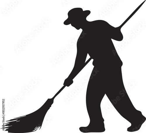 Silhouette of Street Cleaner Sweeping the Ground with a Broom Isolated on White Background