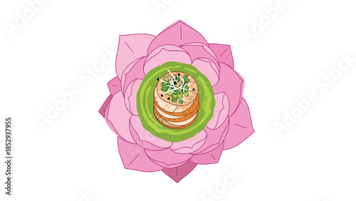 Exquisitely presented appetizer or dessert, carefully arranged on a vibrant green bed, nestled within the delicate pink petals of a lotus flower, symbolizing gourmet dining and elegant presentation.