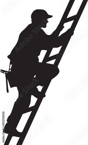 Silhouette of Construction Worker Climbing a Ladder Isolated on White Background