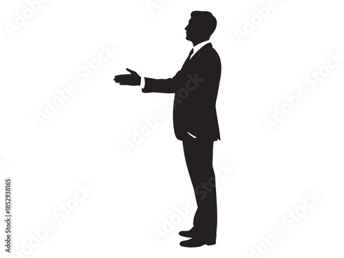 A businessman extends his hand in a welcoming gesture against a white background.