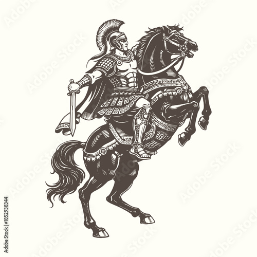 Medieval knight riding horse illustration in detailed black and white vintage hand drawn vector style suitable for fantasy, history, and tattoo design