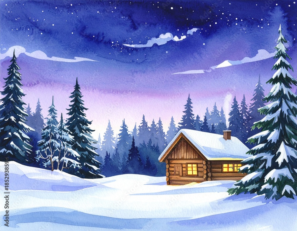 Fototapeta premium hand drawn watercolor painting of winter cabin in the woods. landscape painting with