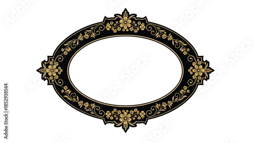 Elegant oval frame with a sophisticated black background richly adorned with intricate golden floral patterns and delicate flourishes, creating a luxurious border for any classic design or artwork.