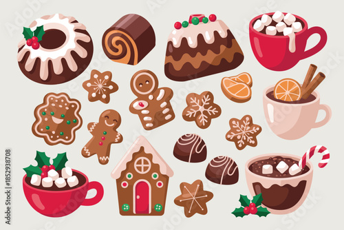 Festive food icons pudding yule log gingerbread winter dessert illustration