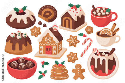 Festive food icons holiday desserts pudding cake gingerbread house