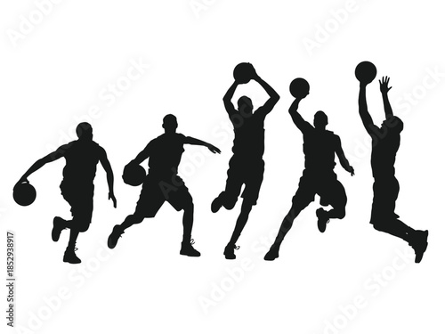 Basketball players in silhouette performing various actions on a white background.