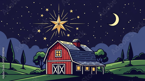 A glowing star shines over a rustic red barn at night with a crescent moon and starry sky perfect for holiday or country-themed designs