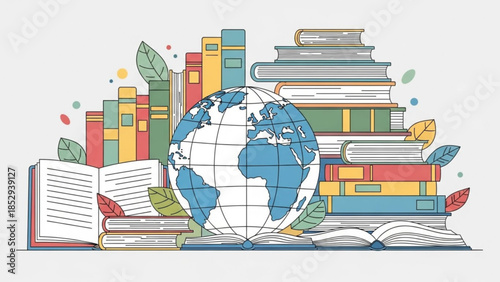 Stack of books and open books surrounding a globe representing knowledge and education ideal for learning and research concepts