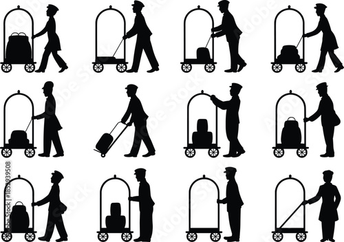Hotel bellhop silhouette pushing luggage cart, porter service icon, hospitality staff illustration, travel concierge, black vector artwork