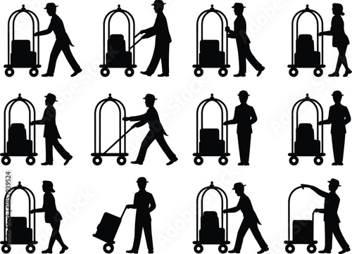 Hotel bellhop silhouettes, luggage cart icons, hospitality staff vector, uniformed workers, service poses, black graphic illustration
