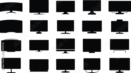 Computer monitor silhouettes, black vector icons, flat and curved screen designs, ergonomic stands, modern display shapes, tech illustration