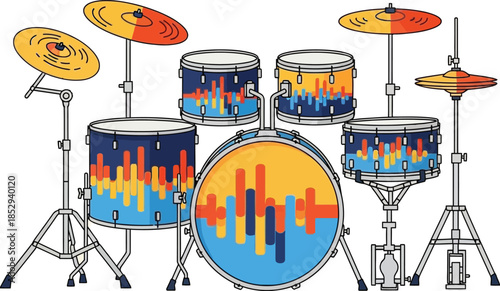 Vibrant drum set with colorful sound wave patterns on each instrument