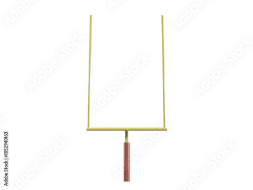 A gold goalpost stands on a white background with a brown base.