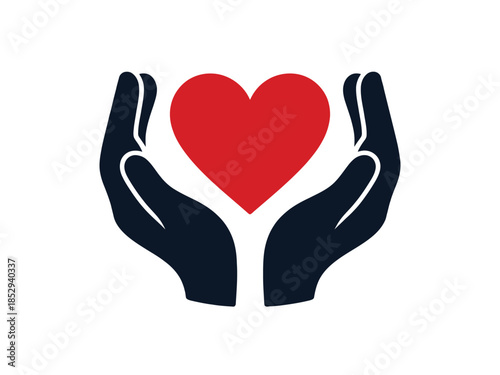 Two cupped hands protectively hold a bright red heart symbol.