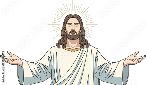Jesus Christ with open arms and a halo of light around him