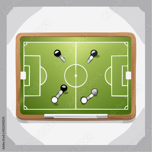 Football tactic board. Magnetic board with football field marking and magnetic pins, soccer tactic scheme, team strategy.