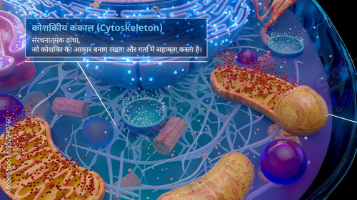 3D illustration of the cytoskeleton with microtubules and filaments in hindi