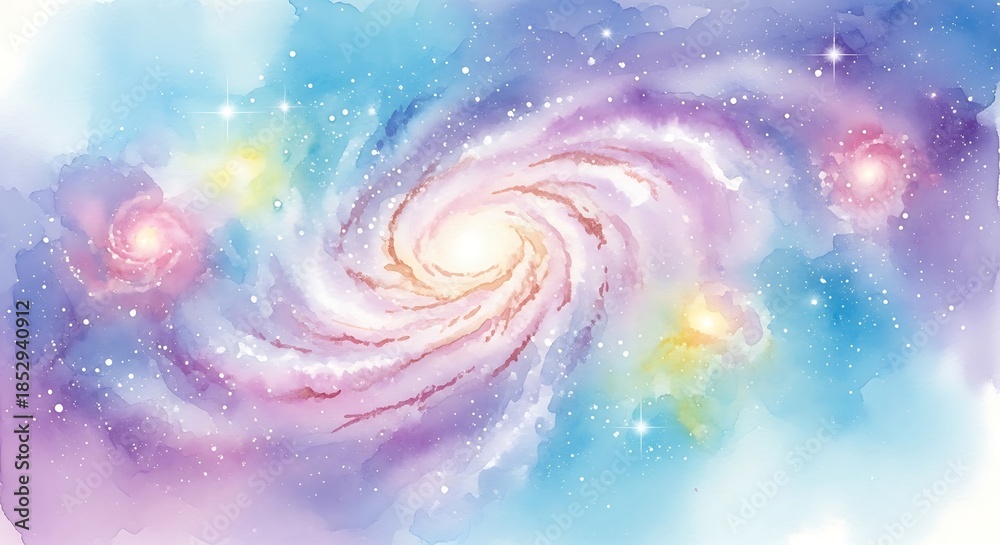 Watercolor Galaxy Illustration with Swirling Clouds and Stars.