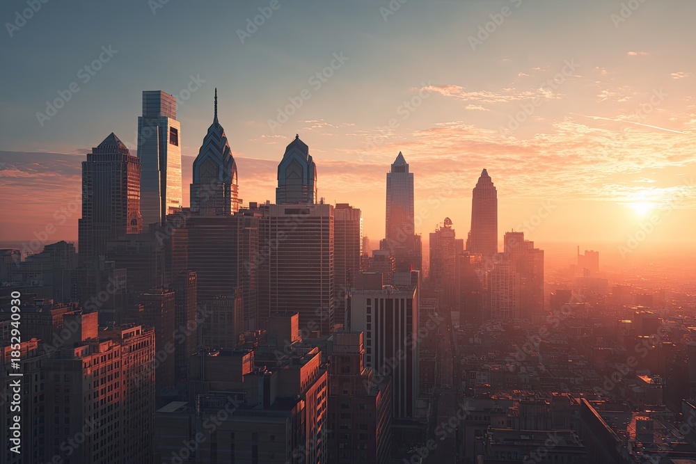 Fototapeta premium Towering urban structures reflect golden sunrise hues over a dense city skyline