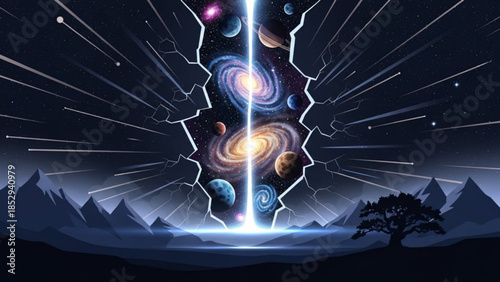 Cosmic portal opening to reveal swirling galaxies and nebulae a gateway to the universe with planets and stars concept for space exploration and science