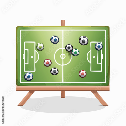 Football tactic board. Magnetic board with football field marking and magnetic pins, soccer tactic scheme, team strategy.
