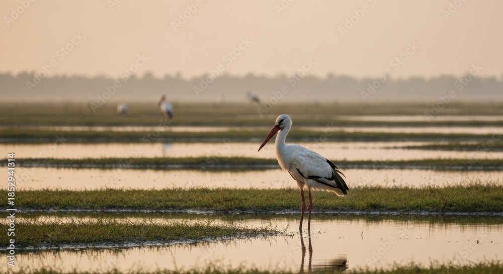 Fototapeta premium White stork wading in shallows at dawn