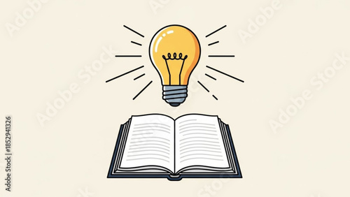 Open book with a glowing light bulb above symbolizing knowledge and new ideas simple vector illustration on a light background