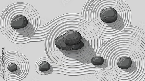Modern abstract design with swirling patterns and smooth stones