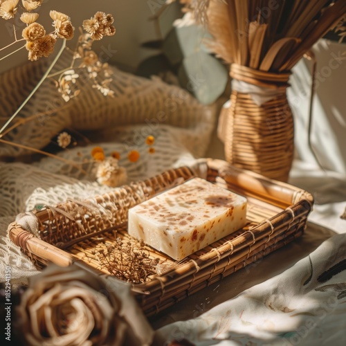 boho realistic product photo of a handmade soap bar in a wicker tray, dried flowers, cozy aesthetic