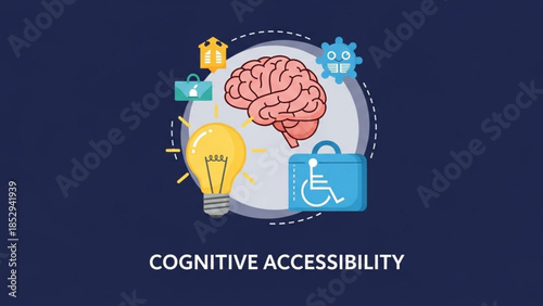 Cognitive accessibility concept with brain lightbulb and accessibility icons representing inclusion and understanding flat vector illustration