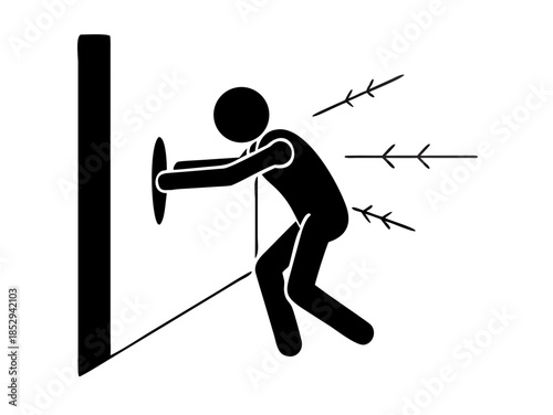Person pushing against wall icon. Man stretching body vector. Sport exercise, fitness workout or physiotherapy concept. Stick figure silhouette for warm-up or resistance training. vector icon