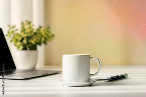 Clean White Office Desk Flat Lay with Laptop and Notebook, Minimal Workspace for Business Planning and Productivity