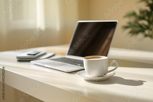 Clean White Office Desk Flat Lay with Laptop and Notebook, Minimal Workspace for Business Planning and Productivity