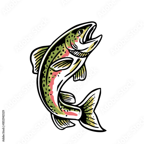 Jumping trout fish vector illustration with dynamic pose, ideal for fly fishing designs, outdoor logos, apparel, and fishing branding.