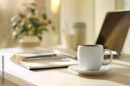 Clean White Office Desk Flat Lay with Laptop and Notebook, Minimal Workspace for Business Planning and Productivity
