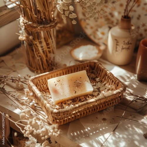 boho realistic product photo of a handmade soap bar in a wicker tray, dried flowers, cozy aesthetic