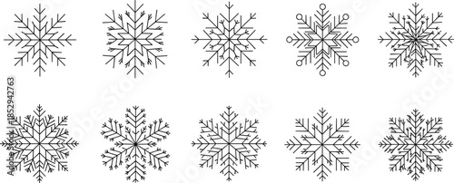Vector icon set of snowflake designs, black and white geometric illustrations Vector icon set of snowflake designs, black and white geometric illustrations