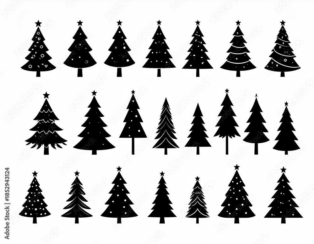 Obraz premium Christmas tree icon. Set of black christmas tree icons on white background. 