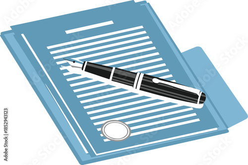 Vector illustration of document stack in folder with fountain pen and sealVector illustration of document stack in folder with fountain pen and seal