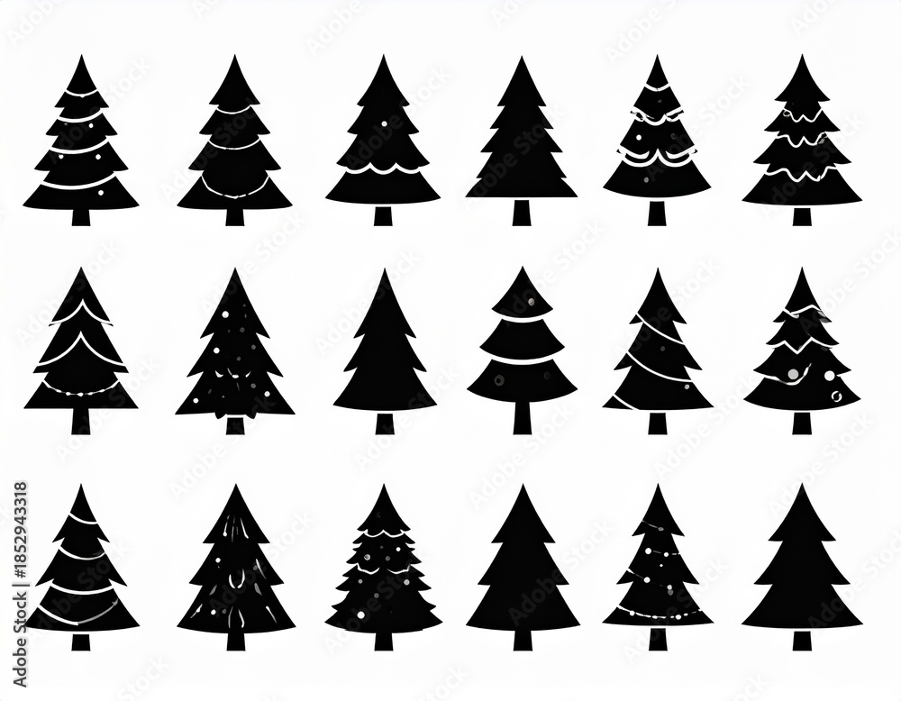 Obraz premium Christmas tree icon. Set of black christmas tree icons on white background. 