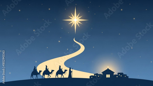 Three Wise Men following the Star of Bethlehem on a journey to a stable Christmas Nativity scene illustration concept of faith and guidance