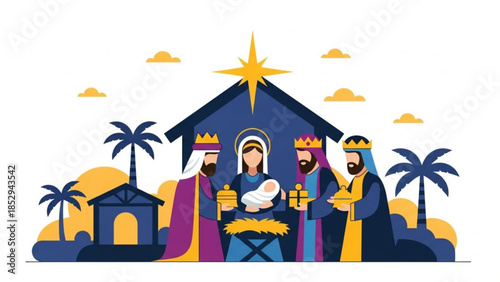 Nativity scene illustration with Mary Joseph baby Jesus and the Three Wise Men flat design for Christmas and religious themes