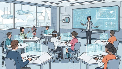 Futuristic classroom with students using holographic displays and VR headsets teacher instructing with interactive smartboard concept of advanced education and technology