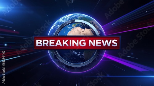 Breaking News Template intro for TV broadcast news show program with 3D breaking news text and badge, against global spinning earth cyber and futuristic style